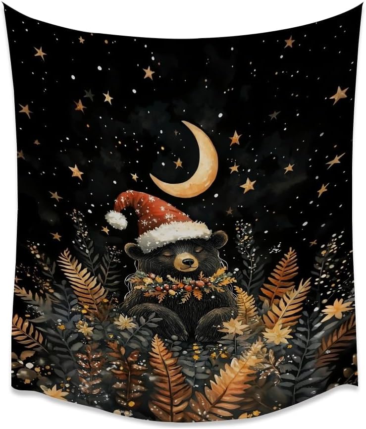 Whimsical Christmas Tapestry Moon Stars Dark Aesthetic Wall Hanging Decor Cute Bear Tapestries for Kids Room Decoration Funny Christmas wall art for Bedroom Dorm Living Room 70x90inch