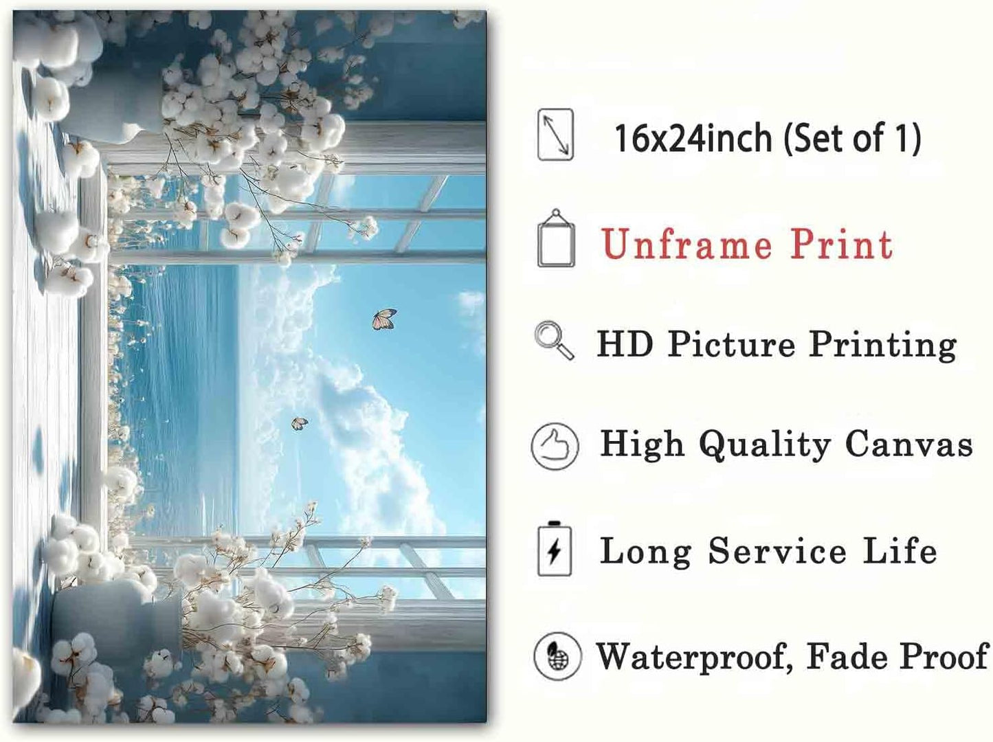 Open Window Canvas Wall Art Cotton Bouquet Wall Art White Flower Painting Blue Sea Picture Coastal Flower Painting Still Life Pictures Relaxing Living Room Decor 16x24inch No Frame