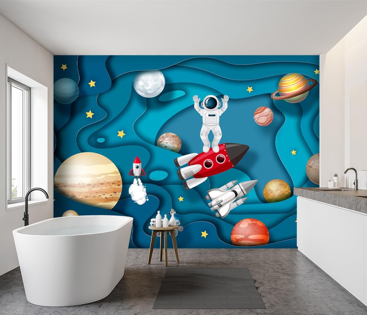-Kindergarten Children Galactic Planet Fabric Wallpaper Living Room Bedroom Boys Girls Children Cartoon Astronauts Large Mural- 183"x120"（ not Peel and Stick）