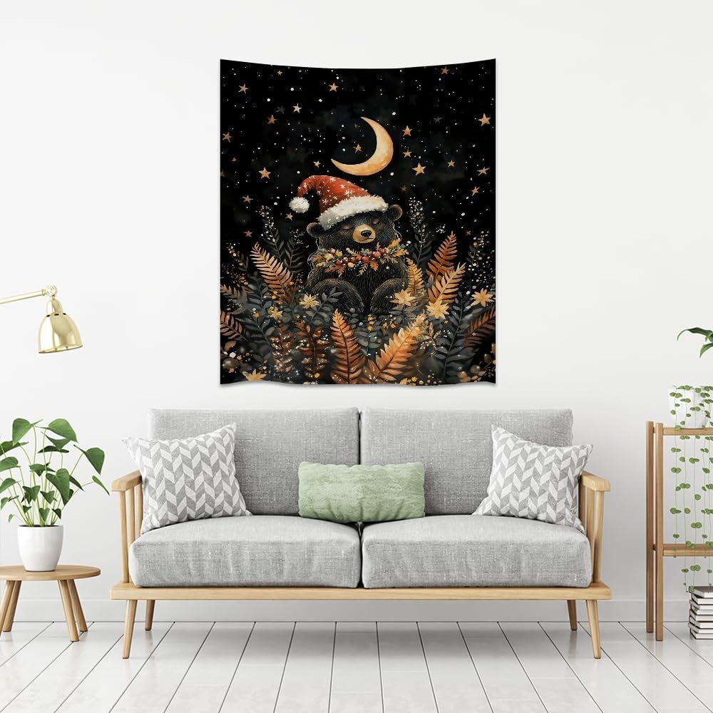 Whimsical Christmas Tapestry Moon Stars Dark Aesthetic Wall Hanging Decor Cute Bear Tapestries for Kids Room Decoration Funny Christmas wall art for Bedroom Dorm Living Room 30x40inch