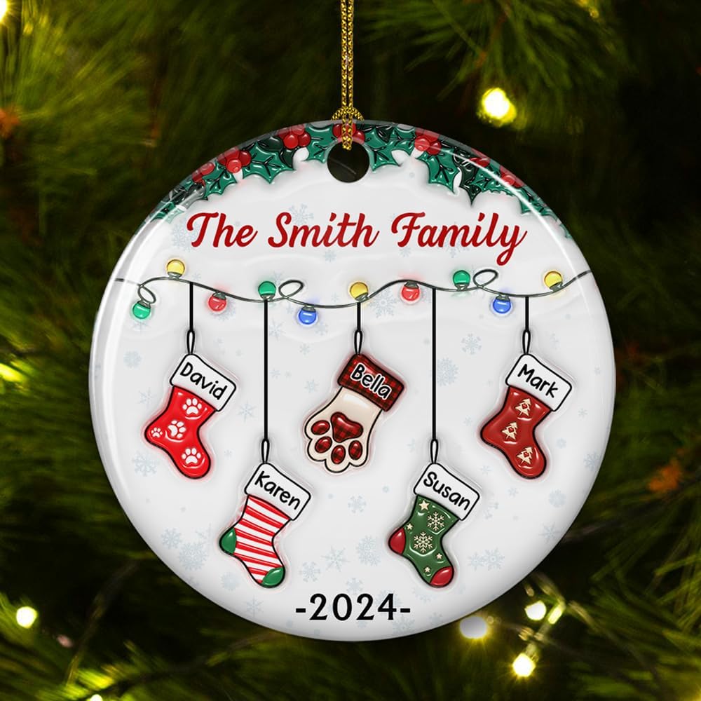 Stocking Personalized Family Christmas Ceramic Ornament 2025-3D Inflated Effect Custom Name Hanging Stock up to 10 Members, First Xmas as A Family Ornament Gifts (A04, 9 Names)
