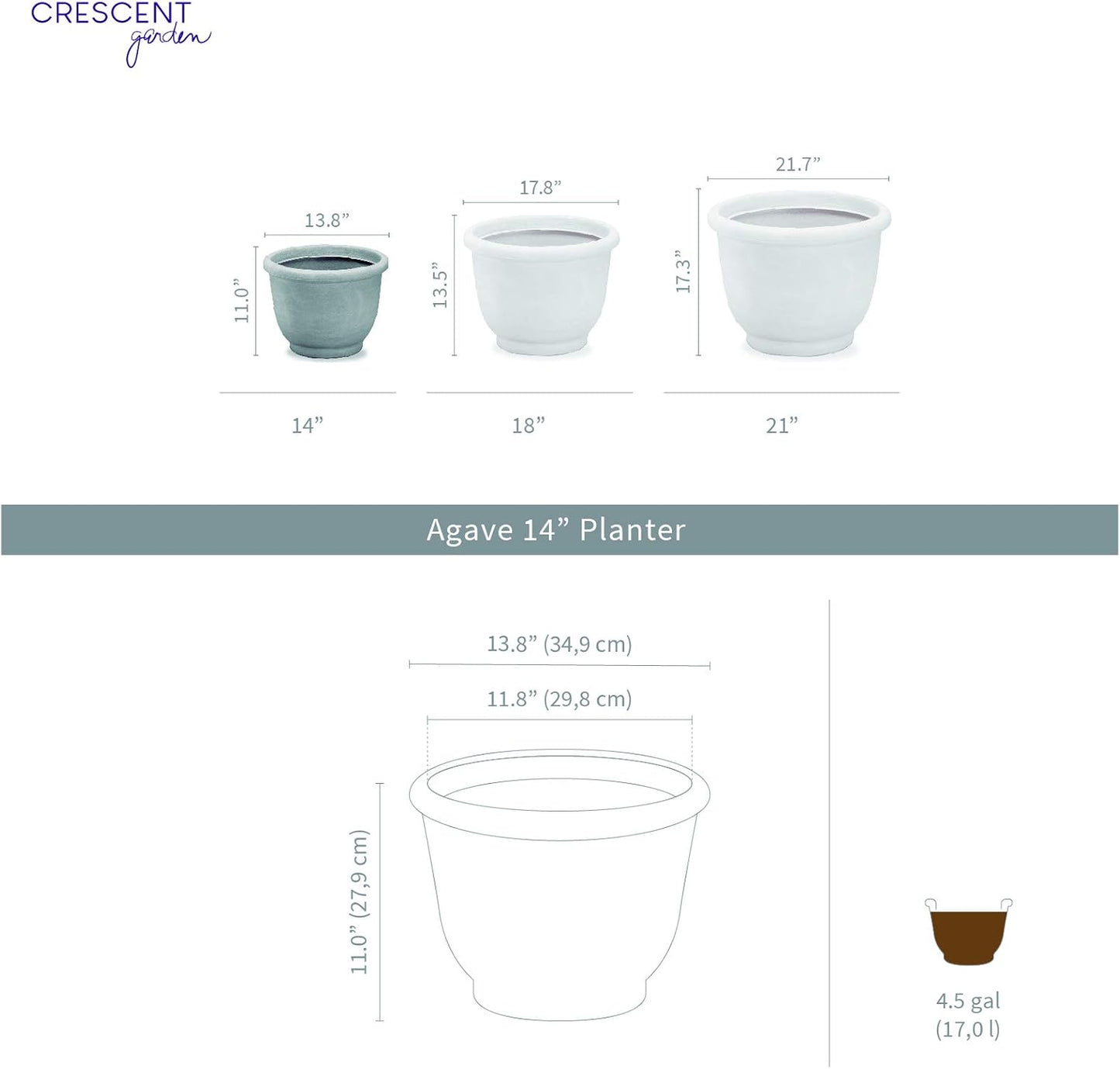 Crescent Garden Agave Planter, Charming Old-World Plant Pot, 14-Inch (Caviar Black)