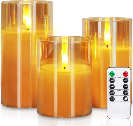 Homemory Amber Glass Flameless Candles, Battery Operated LED Pillar Candles with Remote Control and Timer, Radiance Candles, Real Wax, Set of 3,D3 xH4 5" 6"