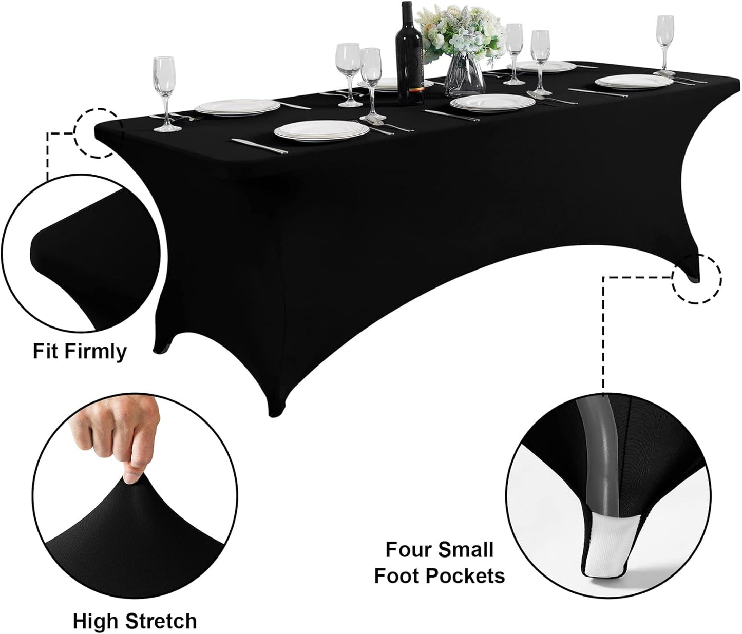 SuperO 6Pack Waterproof Spandex Table Cover for 6FT Table Universal Fitted Stretch Tablecloth for Party, Banquet, Wedding and Events-Black
