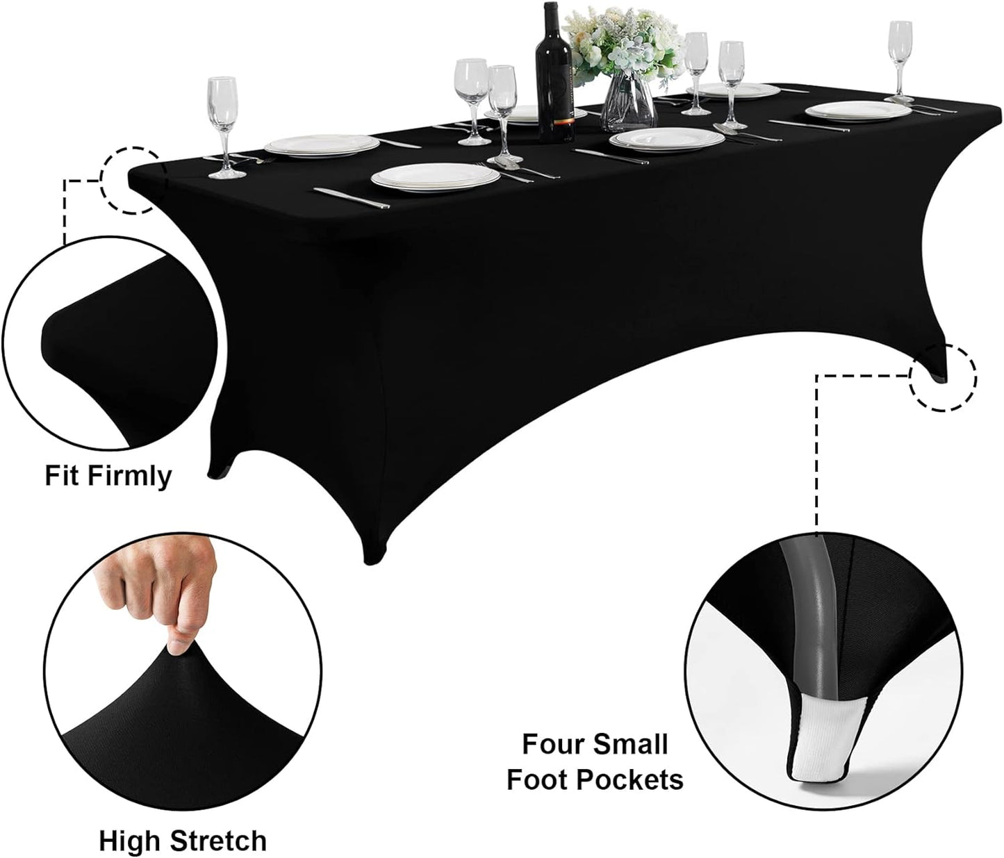 SuperO 2Pack Waterproof Spandex Table Cover for 8FT Table Universal Fitted Stretch Tablecloth for Party, Banquet, Wedding and Events-Black