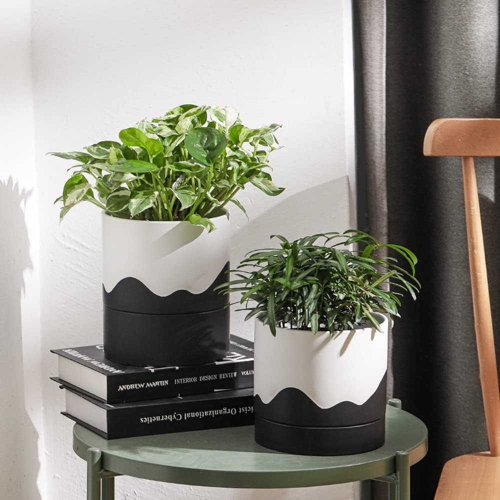 Nihow Self Watering Plant Pot: 6 Inch Ceramic Planter with Drainage Hole & Water Storage Plus for Indoor & Outdoor Plants - Cylinder Round Flower Pot for Succulent/Herbs/Violets - White & Wave Black