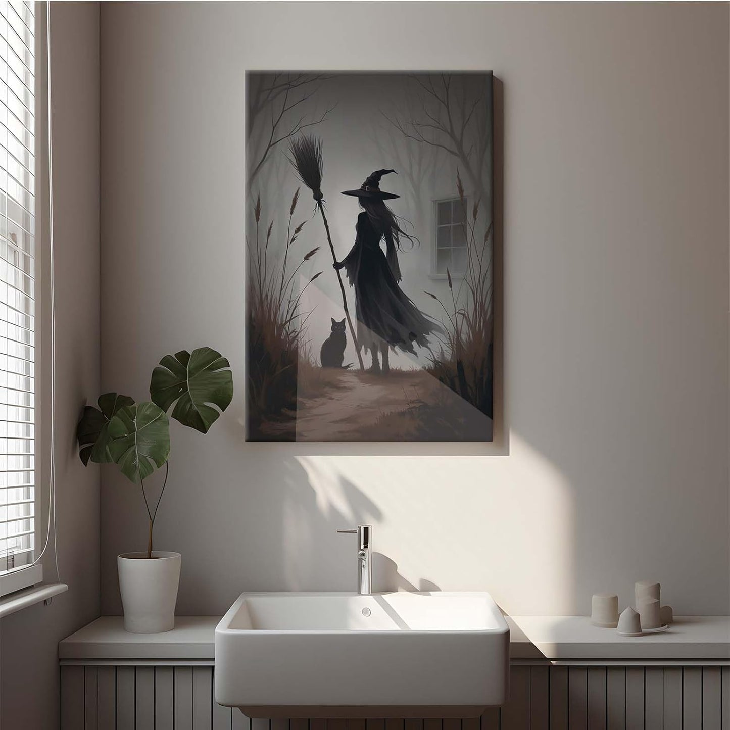 Vintage forest witch and black cat poster Halloween mural poster decoration mural art magic suitable for home living room bedroom12x16in Wood Framed