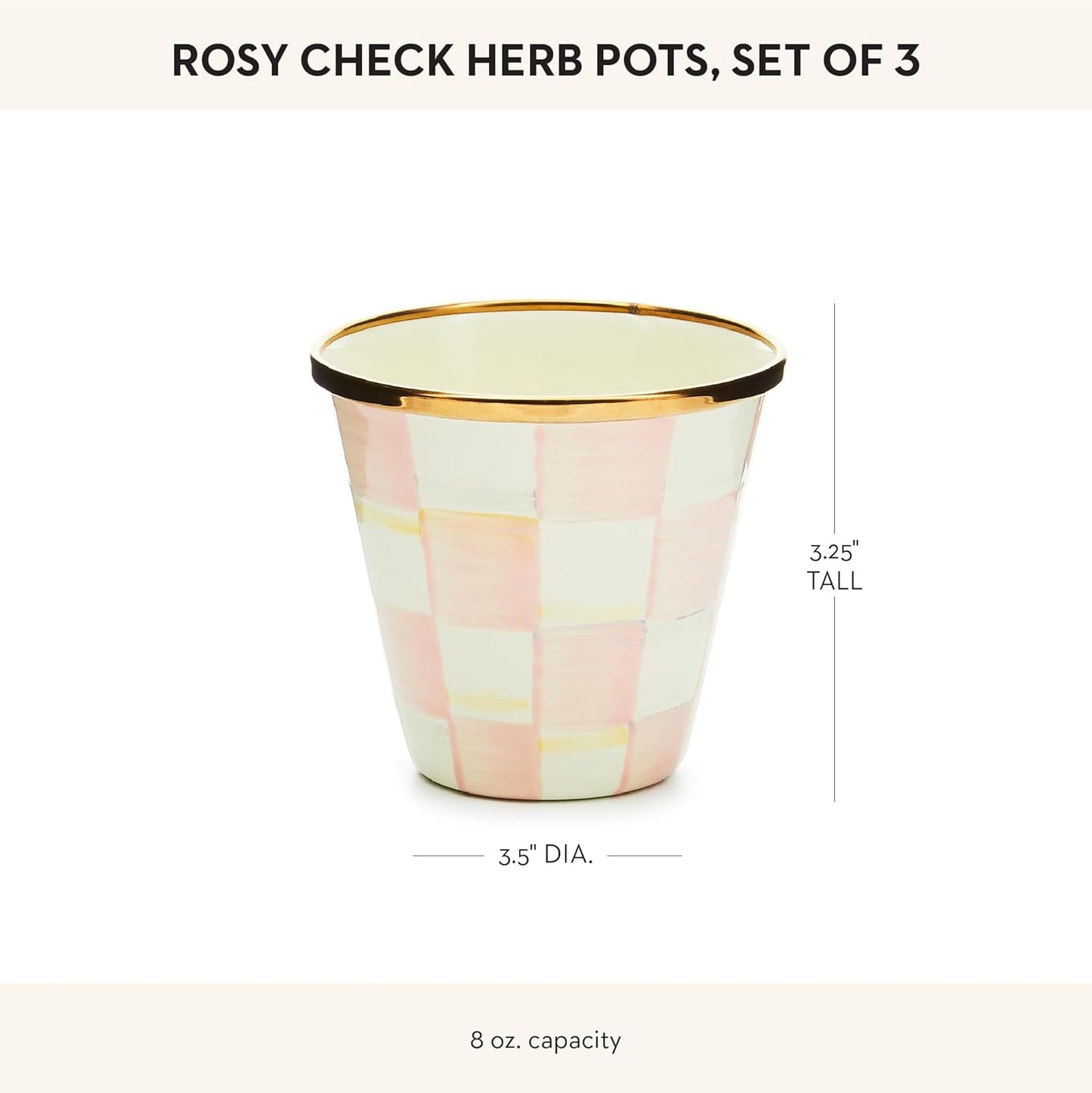 MACKENZIE-CHILDS Enamel Herb Pots, Small Plant Pots for Herbs or Flowers, Set of 3, Pink-and-White Rosy Check