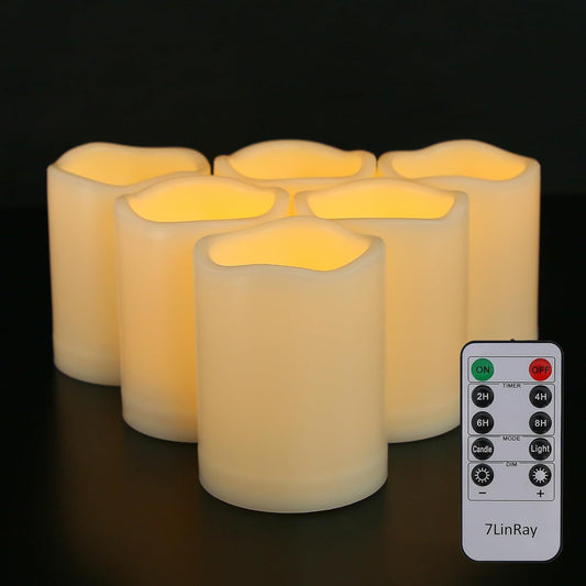 3" x 4" Flameless Candles with Remote and Timer, Waterproof Outdoor Battery Operated Flickering LED Flameless Pillar Candles for Weeding Birthday Decoration, Ivory, Plastic, Set of 6