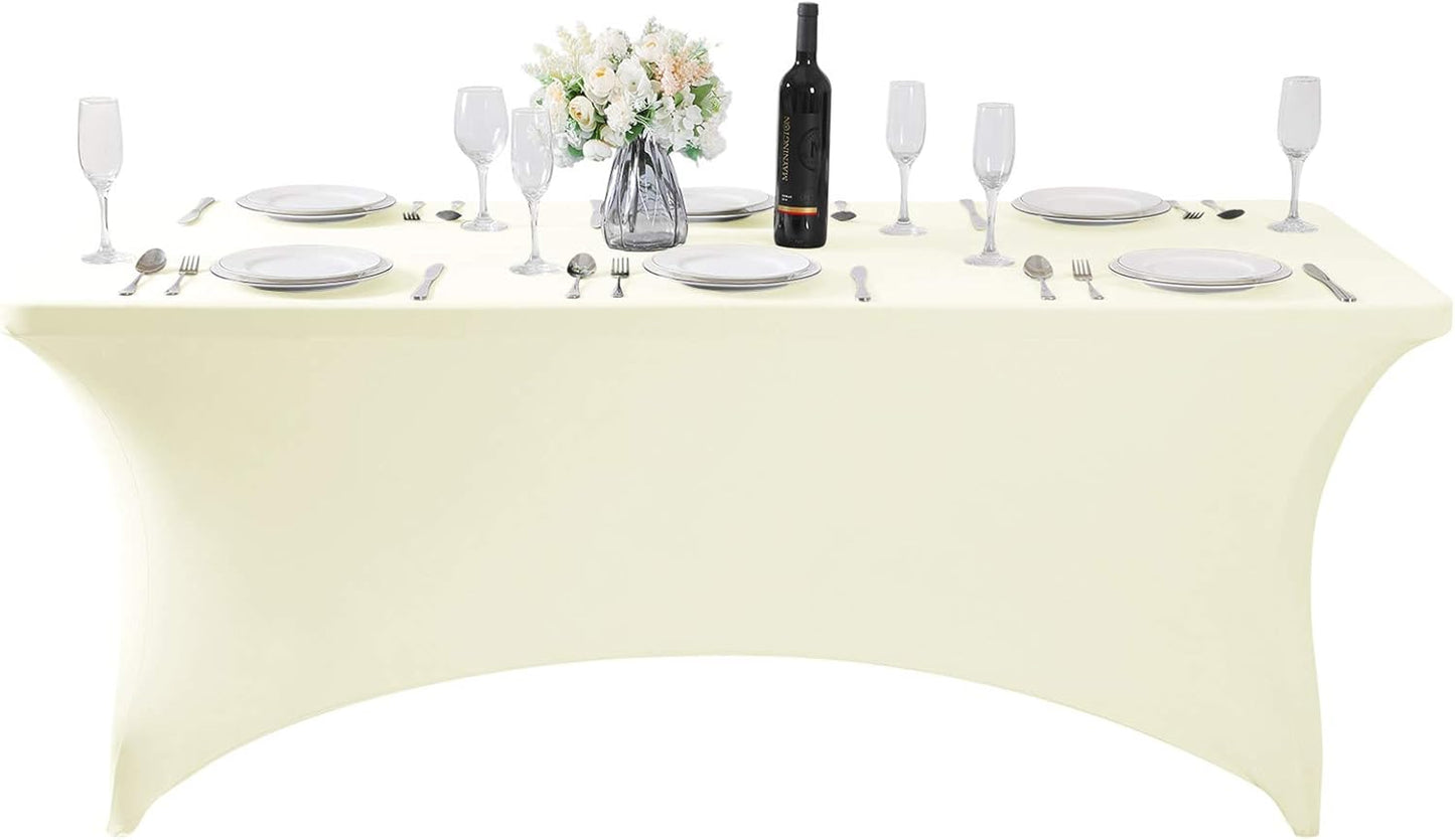 SuperO Waterproof Spandex Table Cover for 6FT Table Universal Fitted Stretch Tablecloth for Party, Banquet, Wedding and Events-Ivory