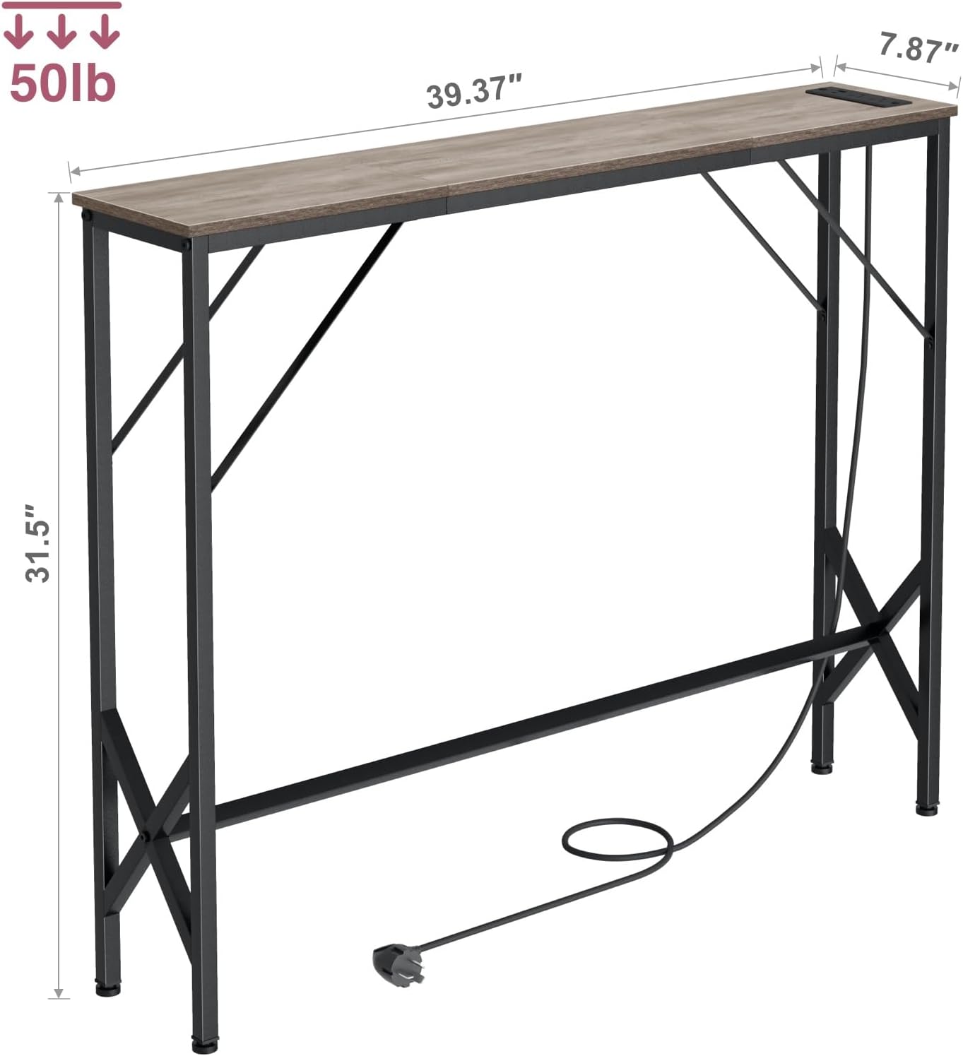 Console Table, Skinny Entryway Table with Fast-Charging Station, Narrow Long Sofa Table, Behind Slim Couch Table for Entrance, Hallway, Living Room Decor ST-GY100-1