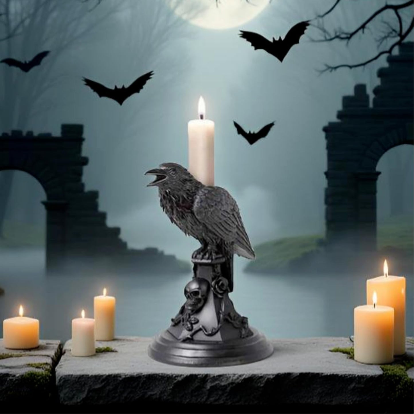 Halloween Decoration Candleholder Gothic Decor Black Candlestick Holder, Resin Ornament, Home Desktop Decoration, Christmas Decor, Party Favors, Dense Room Decor (Crow)