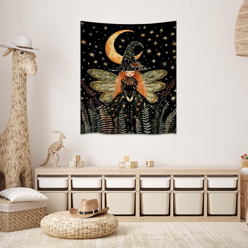 Dark Academia Witch Fairy Tapestry Wall Hanging Magical Moon Starry Night Art Print Halloween Witchy Artwork Aesthetic Wall Tapestries for Girls Bedroom Living Room Dorm Decoration 60x80inch