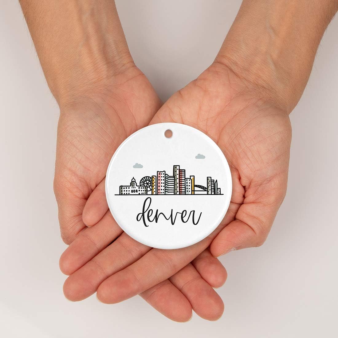 Andaz Press Round Ceramic Porcelain Christmas Tree Ornament Keepsake, Denver, Colorful City Skyline Graphic, 1-Pack, Birthday Gift Ideas Family Coworker Him Her, Includes Gift Box