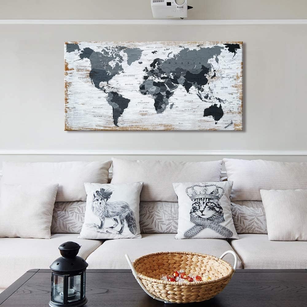 black world map Wall Art Watercolor Abstract Wall Decal Large Office Canvas Wall Art map of the world 32in"x48in" Painting for Bedroom Wall Decoration for Living Room wall art Artwork for Walls