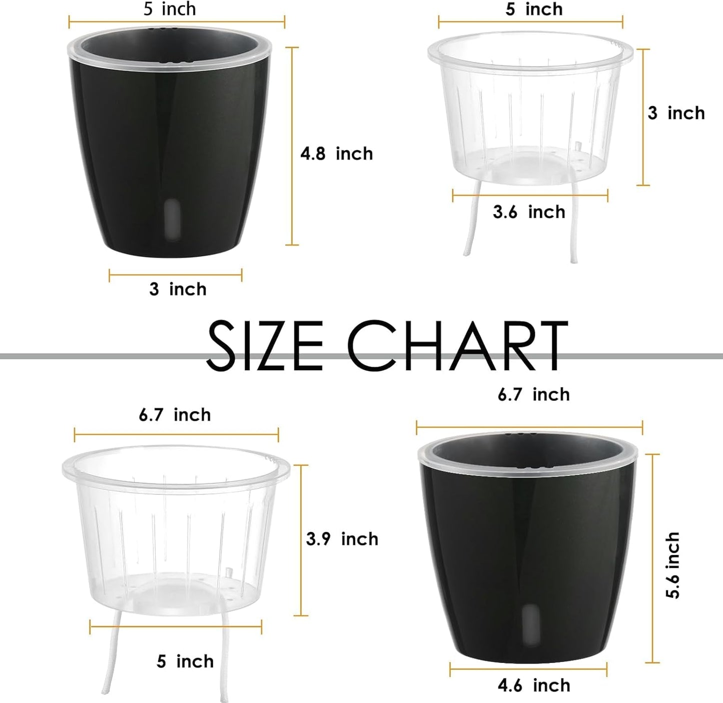 Self-Watering Pots for Indoor Plants, 6-Pack 6.7'' Self Watering Planter with Drainage Holes, Small African Violet Pots with Water Indicator, Clear Wick Pot, Black