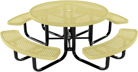 Heavy-Duty Portable Outdoor Kids Table with Umbrella Hole, Punched Steel Kids Picnic Table, Commercial-Grade, Made in America (46 in, Round, Childrens, Textured Sandstone)