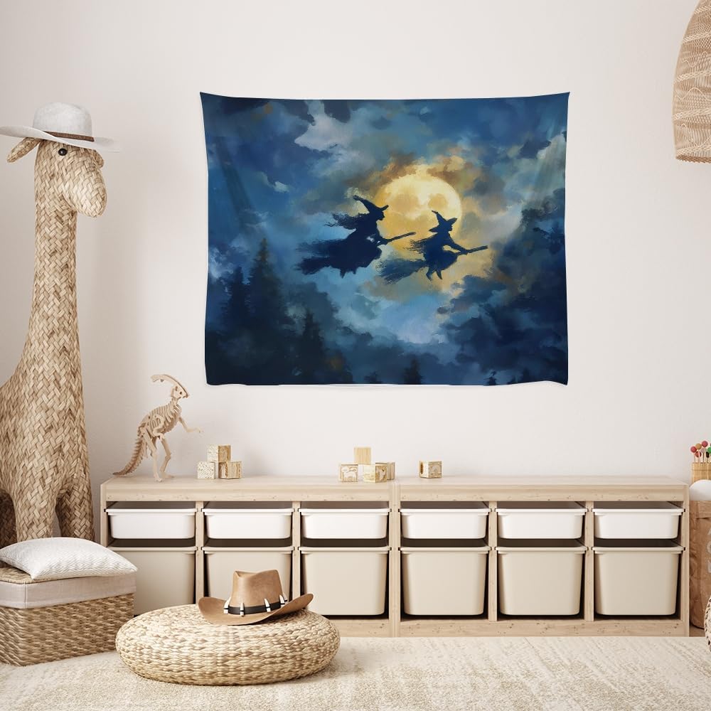 Spooky Halloween Witch Tapestry Wall Hanging Dark Fantasy Night Sky Aesthetic Print Flying Witches Under Full Moon Tapestries Horror Ghost Halloween Party Decor for Living Room Bedroom 70x90inch