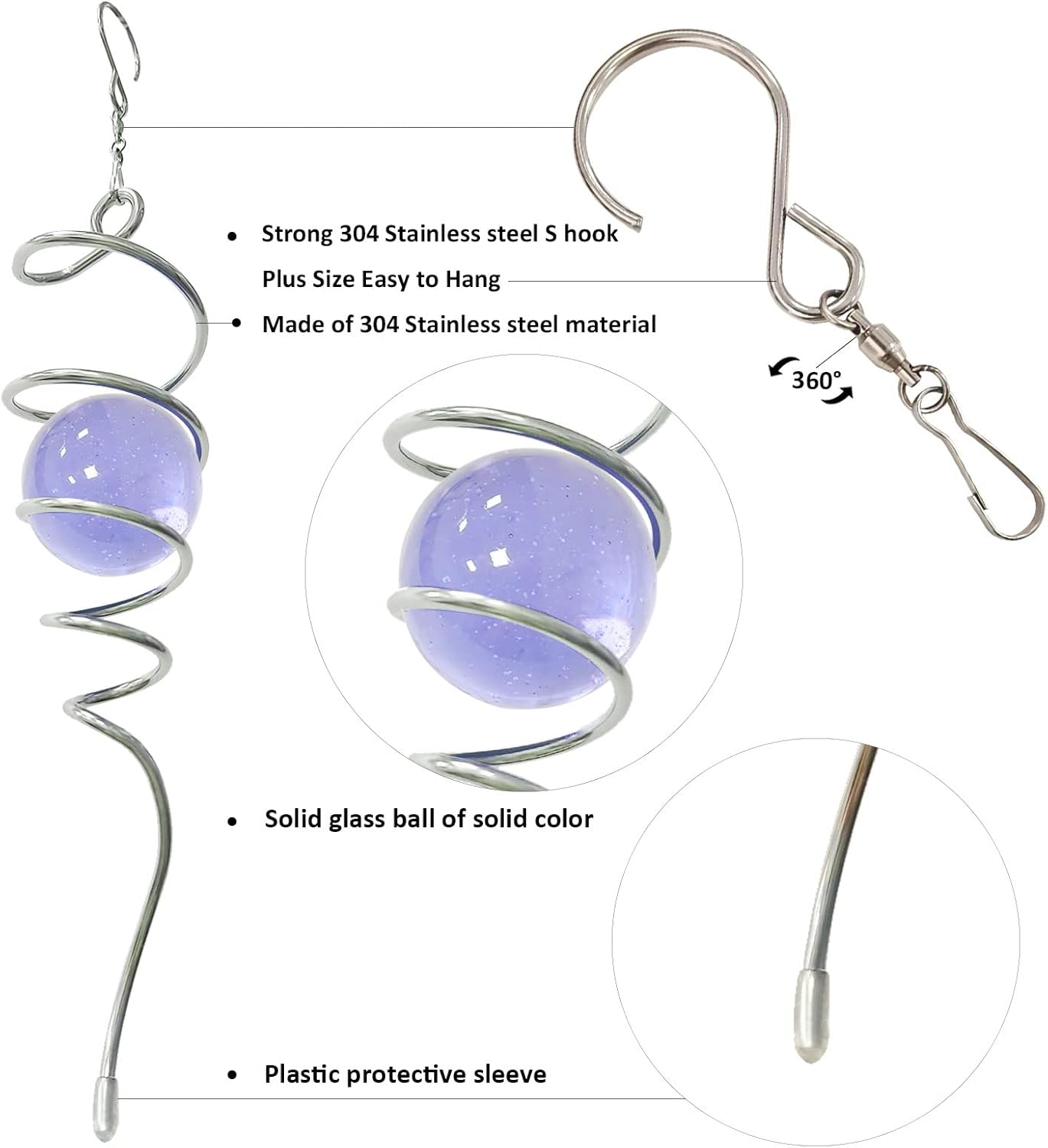 Gazing Ball Spiral Decorative Wind Spinner Sun Catcher 11inch Tail and 2 inch Glass Orb. Indoor Outdoor Garden Decoration Wind Sculptures-13 inch Height (Purple)