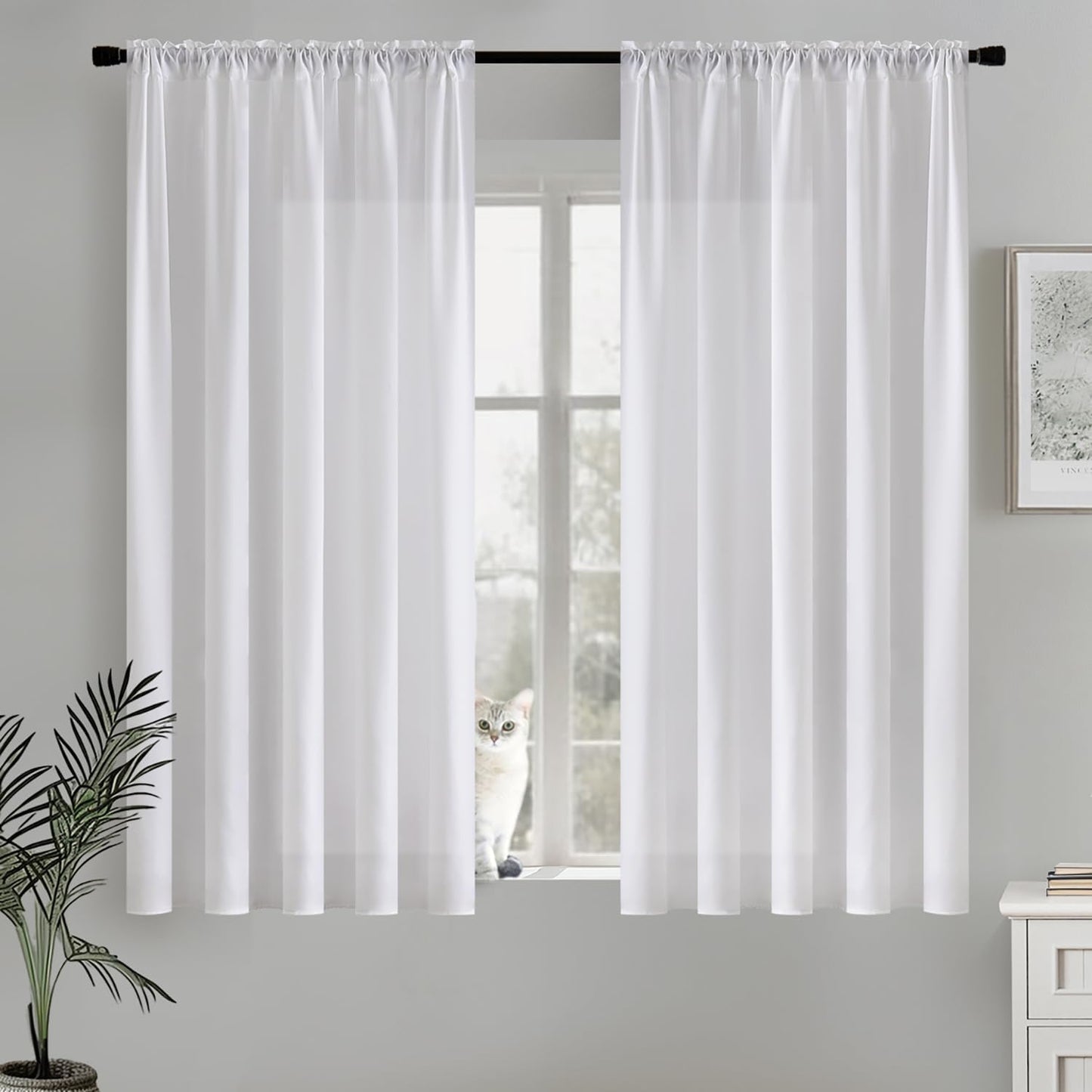 MIULEE White Privacy Sheer Curtains That Let Light in Non-See-Through Semi Sheer Curtains Light Filtering Window Curtain Drapes for Living Room Bedroom 42 X 54 Inches Long 2 Panels Set