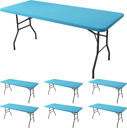 Spandex Table Cover for 6 Foot Rectangle Tables-6 Pack Light Blue Outdoor Picnic Elastic Table Cover-Spandex Stretch Folding Table Cloths for Camping Dining Room Patio Kitchen Banquet Party