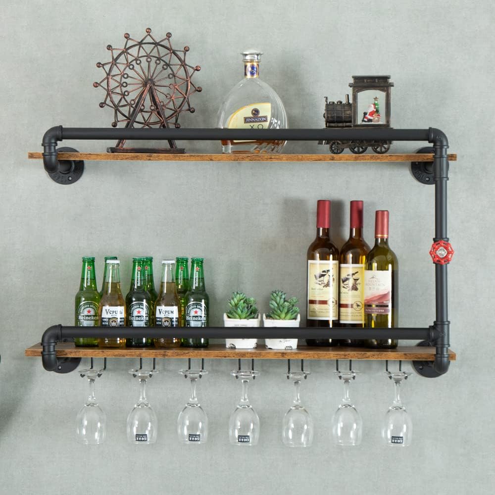 Wine Rack Wall Mounted 2 Tier, Hanging Floating Bar Liquor Shelves with Glass Holder Storage Under, Industrial Rustic Pipe Farmhouse Kitchen Decor Black(35.4x10.6x19.7)