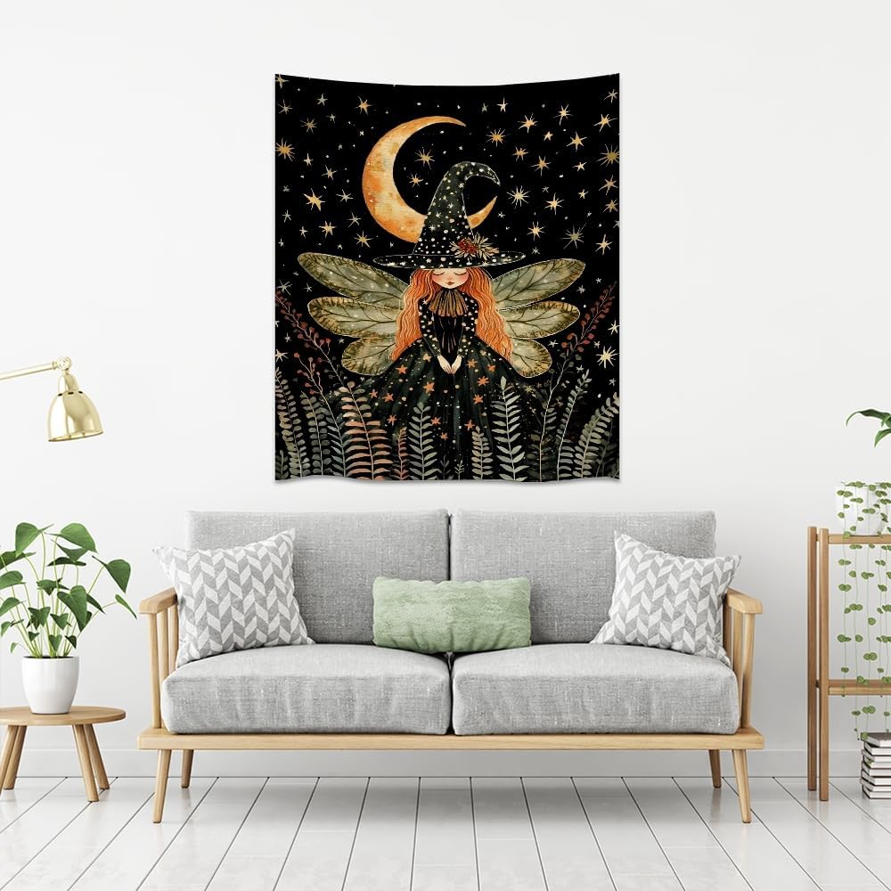 Dark Academia Witch Fairy Tapestry Wall Hanging Magical Moon Starry Night Art Print Halloween Witchy Artwork Aesthetic Wall Tapestries for Girls Bedroom Living Room Dorm Decoration 30x40inch
