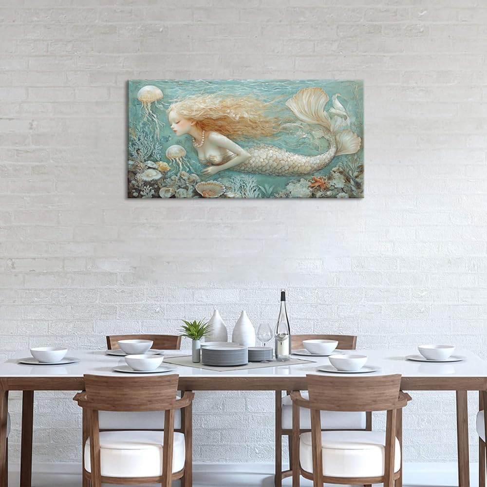 LASMOND Ocean Mermaid Wall Art for Girls Room Modern Canvas Prints Marine Organism Underwater World Sea Creatures Artwork Paintings Women Bedroom Wall Decor (30x16 Inches)