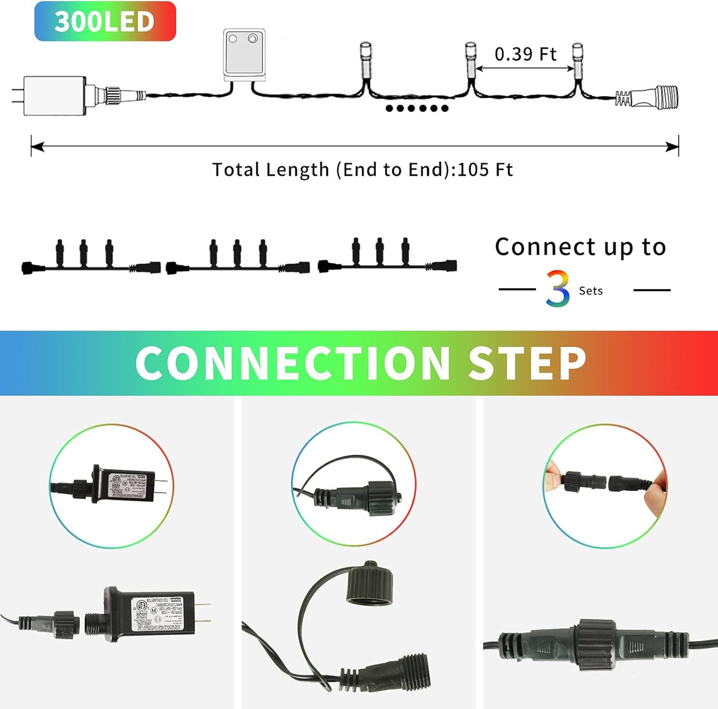 XTF2015 Christmas Outdoor Indoor Lights, 105ft 300 LED End to End Connected 9 Modes Timer Remote Christmas String Lights for Trees, Patio, Garden, Party, Wedding, Holiday (Warm White + Multicolor)