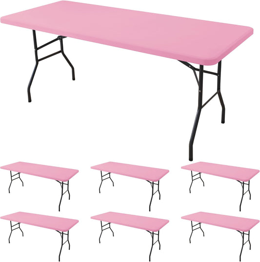 Fitted Tablecloth for 8 Foot Rectangle Tables-6 Pack Pink Elastic Outdoor Picnic Table Cover-Spandex Stretch Folding Table Cloths 8ft for Camping Dining Room Patio Kitchen Banquet Party