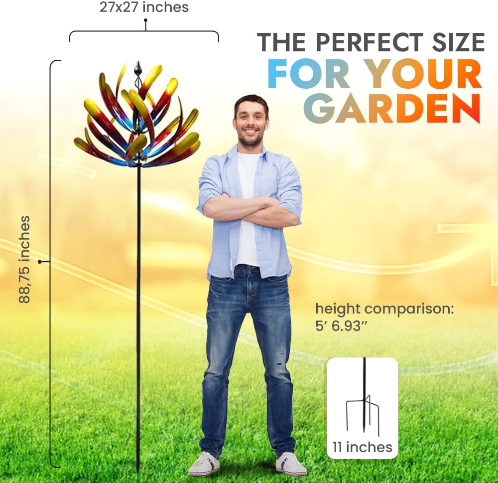 Large Wind Spinners - Decorative Garden Whirligigs - Durable Metal Flower Art - Ideal for Yard Decor and Gifts Colorful 88" H x 27" W