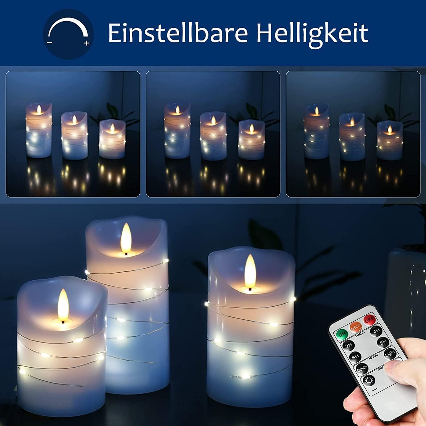 danip Sky Blue LED Flameless Candle, with Embedded Star String, 3-Piece Set of LED Candles, with 11 Button Remote Control, 24-Hour Timer Function, Dancing Flames, Real Wax, Battery Powered.