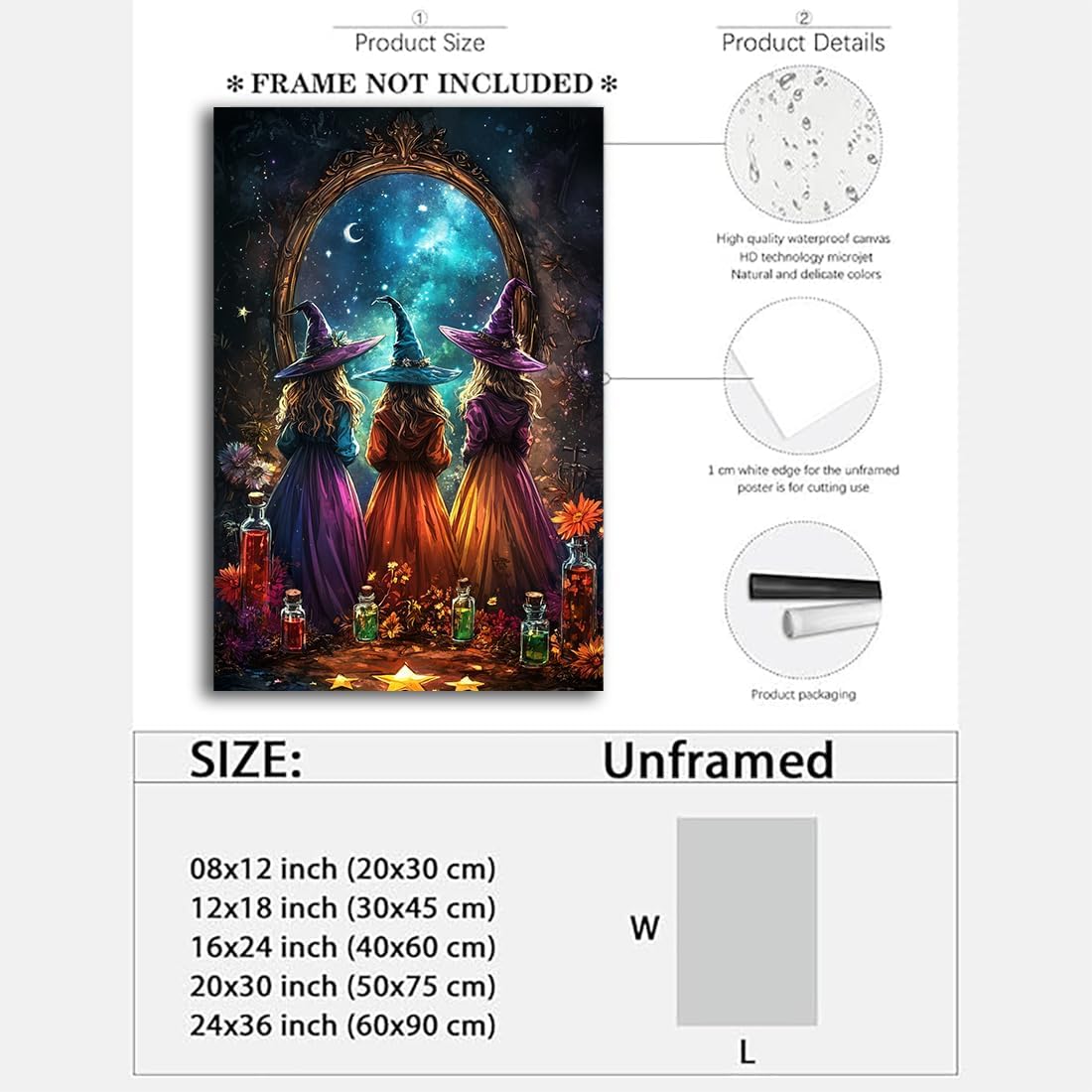 Witch Poster Halloween Fall Wall Art Decor,Three Witches with Magic Potion Mirror Colorful Vintage Print,Dark Academia Spooky Canvas Art Prints for Home Living Room,24"x36" Unframed