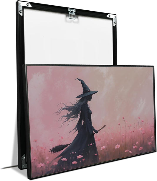 JFHCQJPK Witch in the pink sea of flowers Halloween prints weird flowers wall art silhouette painting fashionable romantic decoration suitable for bedroom24x36in Metal blackFramed