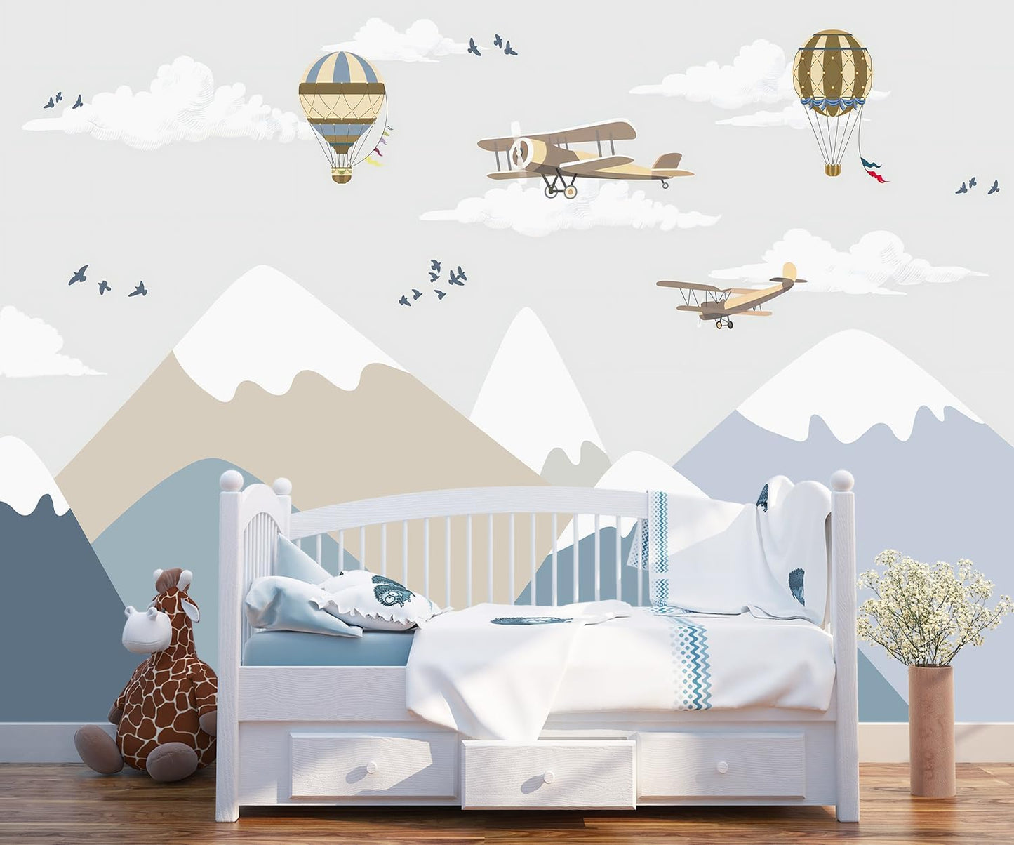 -Children's Room Cartoon Balloon Mountain Fabric Wallpaper Nursery Mural 180" x 115" (Not Peel and Stick)