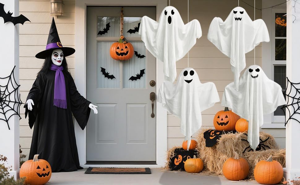 4 Pack Halloween Hanging Ghost Decorations, 27.5" Light Up Spooky Floating Ghosts with LED Glow, Waterproof Outdoor & Indoor Haunted House, Porch, Yard, Garden Party Decor
