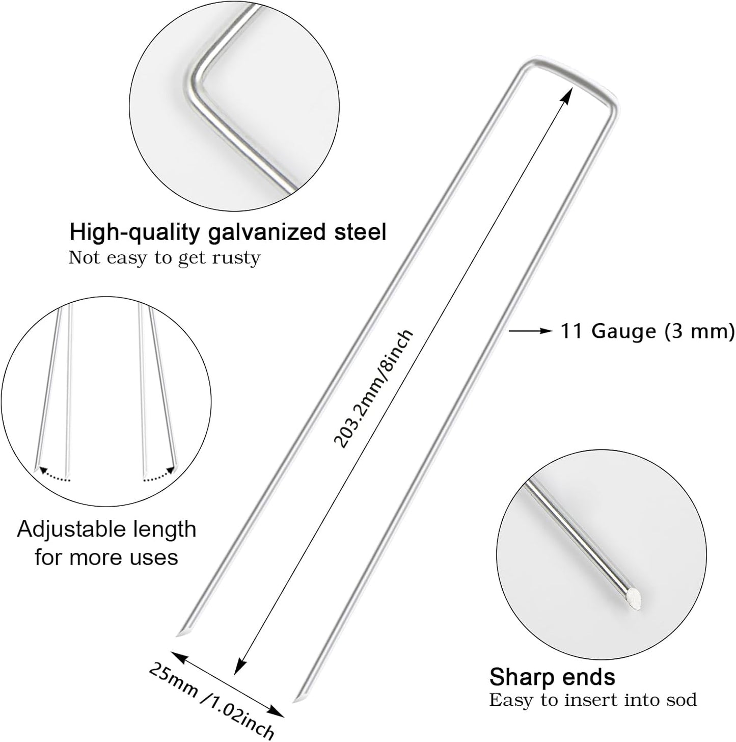 FEED GARDEN 8 Inch 100 Pack Galvanized Landscape Staples 11 Gauge Anti-Rust Garden Stakes Landscaping Fabric SOD Pins Yard Stakes for Weed Barrier Fabric