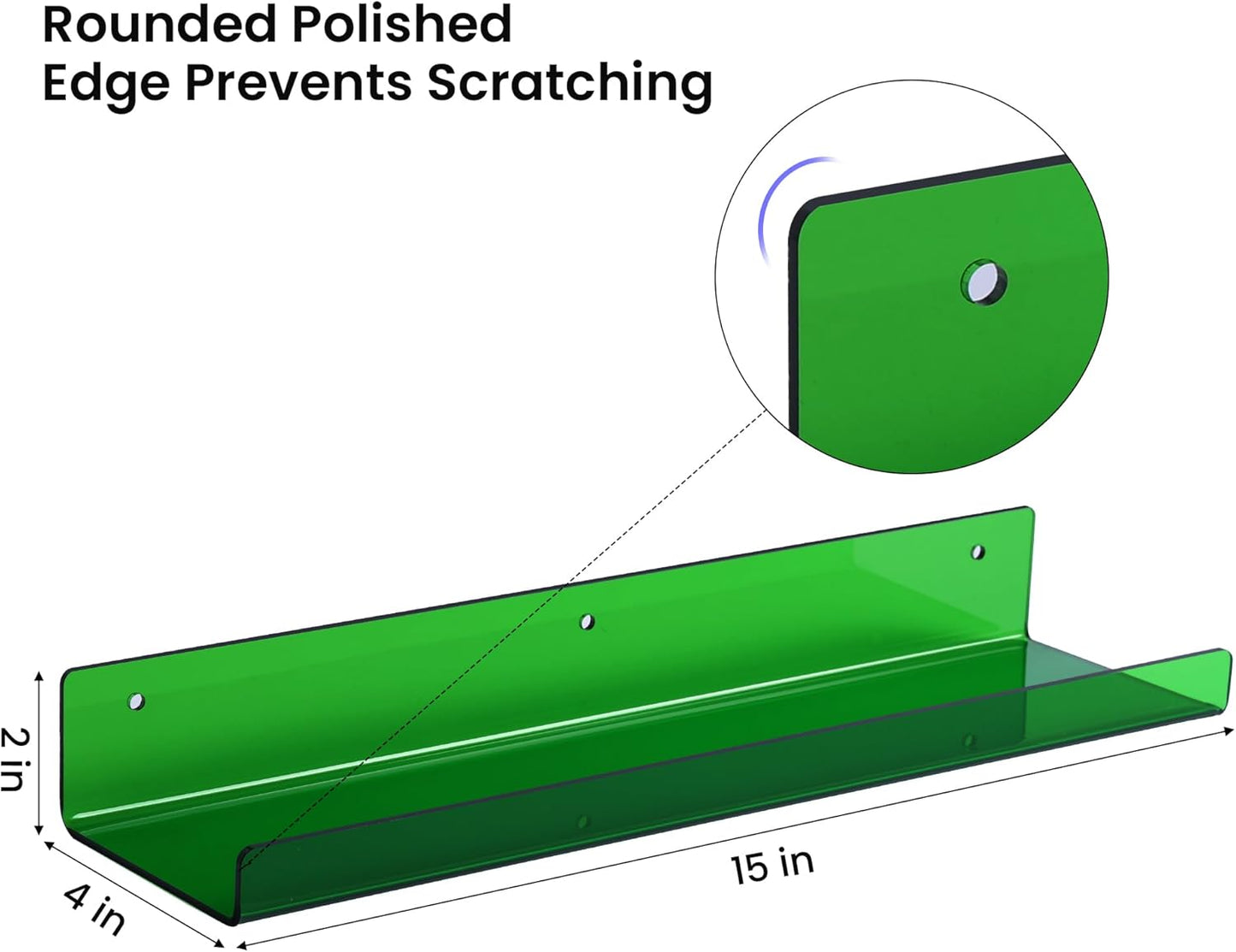 upsimples Acrylic Shelves for Wall Decor, 15" Display Shelf Perfume Organizer for Bathroom, Bedroom, Living Room, Floating Bookshelves for Kids, Clear Green, 4 Pack