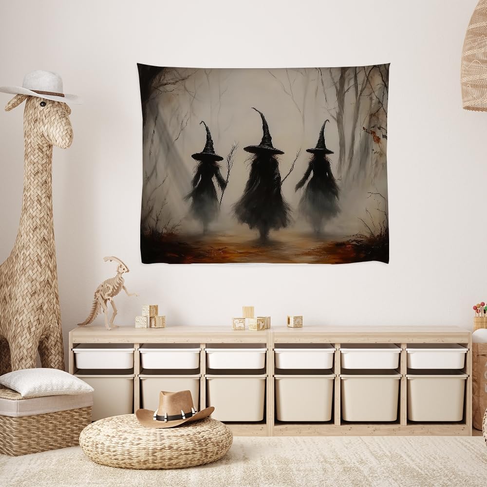 Witchy Halloween Tapestry Wall Hanging Vintage Spooky Witch Room Print Dark Academia Autumn Forest Three Witches Tapestries Decor for Halloween Living Room Bedroom Decoration 60x80inch