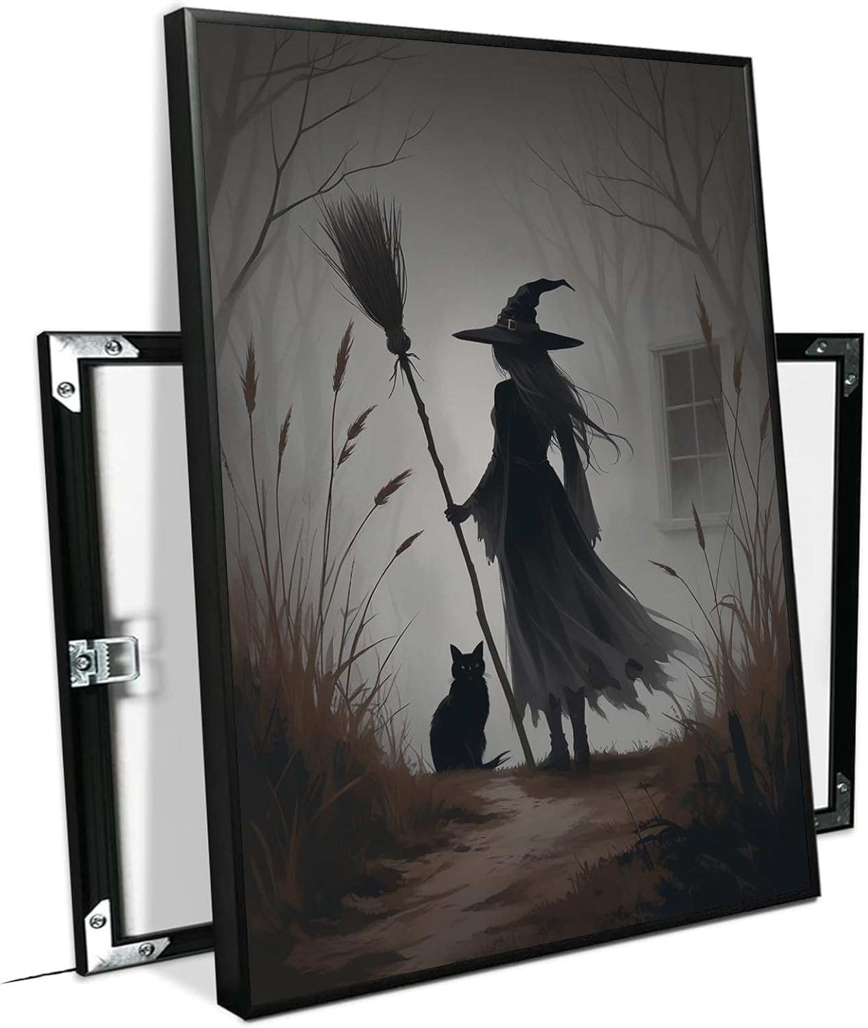 JFHCQJPK Vintage forest witch and black cat poster Halloween mural poster decoration mural art magic suitable for home living room bedroom24x36in Metal blackFramed
