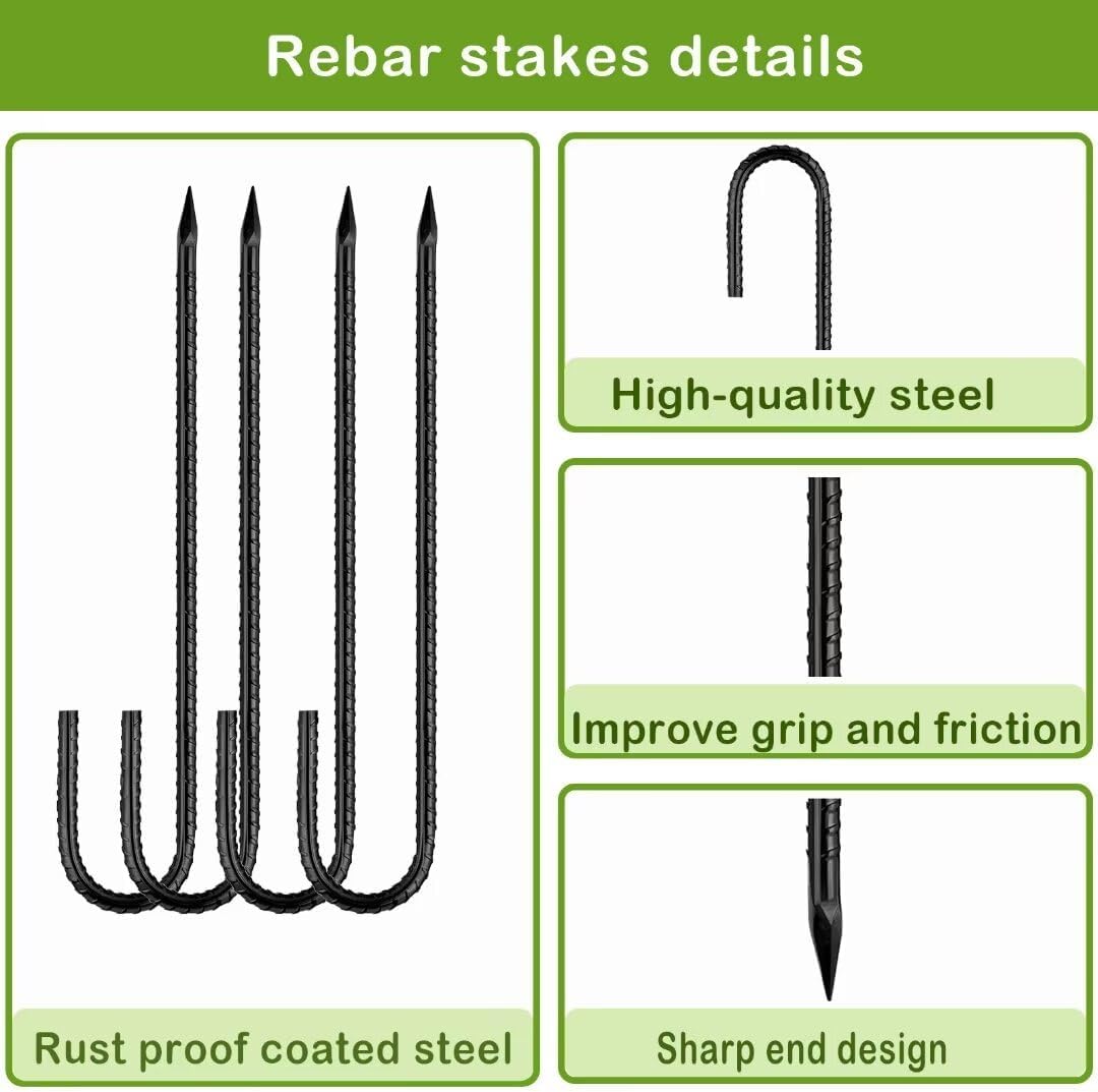 Ground-Stakes-Heavy-Duty-12 inch, J-Hook Rebar Stakes Black Coated Anti-Rust 50pcs Garden Stakes Metal Ground Anchors for Garden Dog Fence Chicken Coop Christmas Decorations Deer Fence