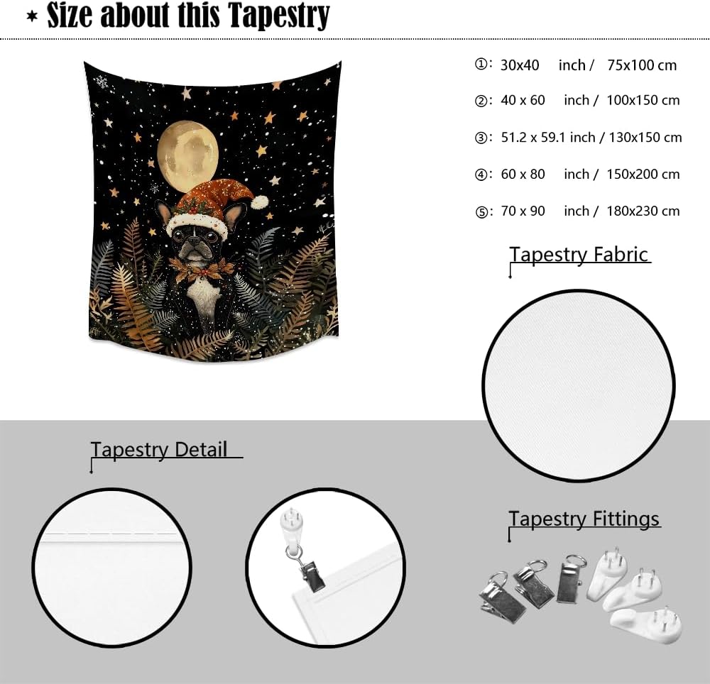 French Bulldog Christmas Tapestry Wall Hanging Cute Dog Santa Hat Moon Pictures Print Pet Lover Gift Funny Christmas Tapestries Aesthetic for Winter Home Nursery Kids Bedroom Decor 70x90inch