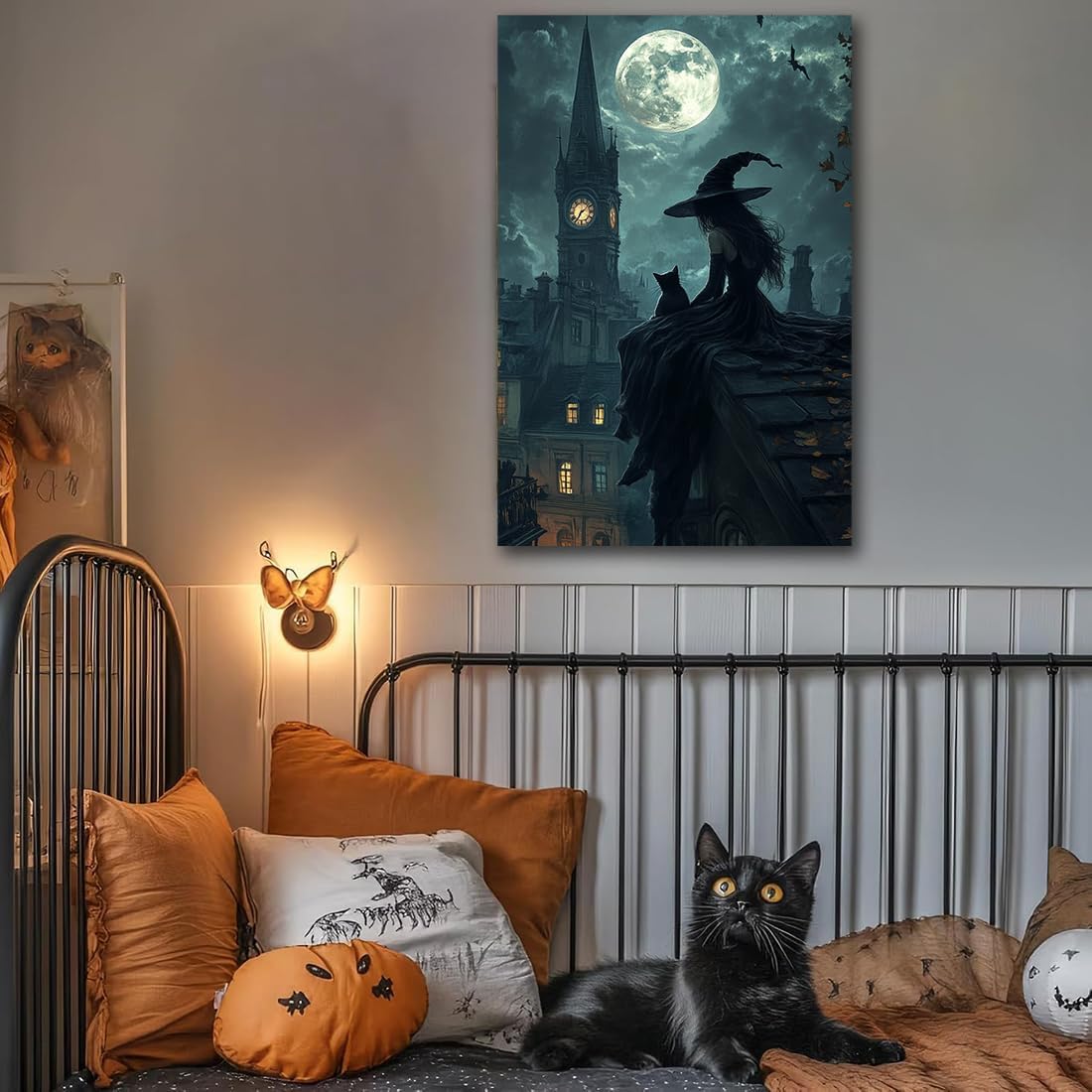 Halloween Witch Black Cat Wall Art,Magical Moon Witch on Roof with Black Cat at Night Scene Painting Haunting Dark Witches Canvas Print for Haunted House Party Decor Poster,12"x18" Framed