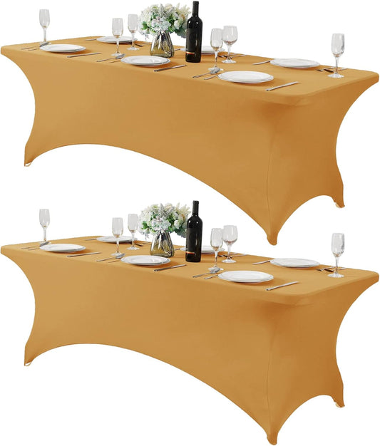 2Pack Spandex Table Cover for 8FT or 4ft or 6ft Table Universal Fitted Stretch Tablecloth for Party, Banquet, Wedding and Events-Gold