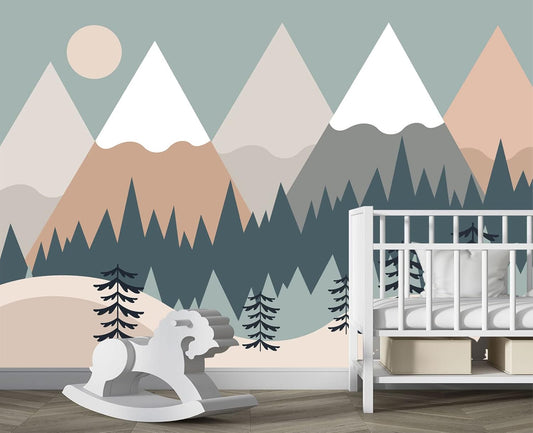 Children's Cartoon Mountain Peak Forest Sun Nursery Wall Mural Wallpaper 137" x 100"