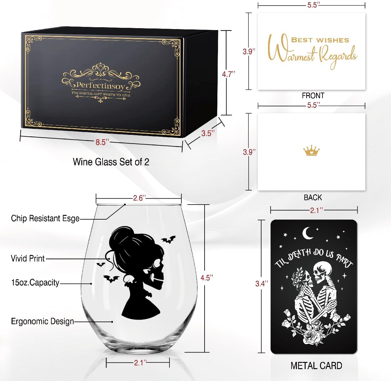 Perfectinsoy Skull Wine Glass 2 Piece with Gift Box, Till Death Skeleton Bride, Valentine's Day Halloween Anniversary Wedding Gifts for Couple Wife Husband, Couple Gifts for Boyfriend Girlfriend