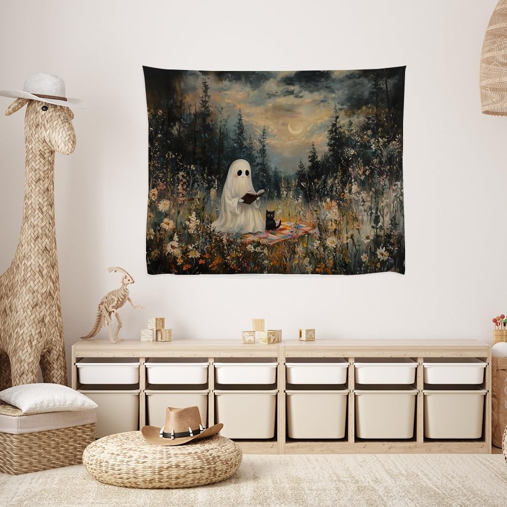 Halloween Ghost and Black Cat Tapestry Wall Hanging Spooky Ghos Reading Book in Wildflowers Wall Decor Halloween Witchy Room Aesthetic Tapestries for Goth Living Room Bedroom Decoration 40x60inch