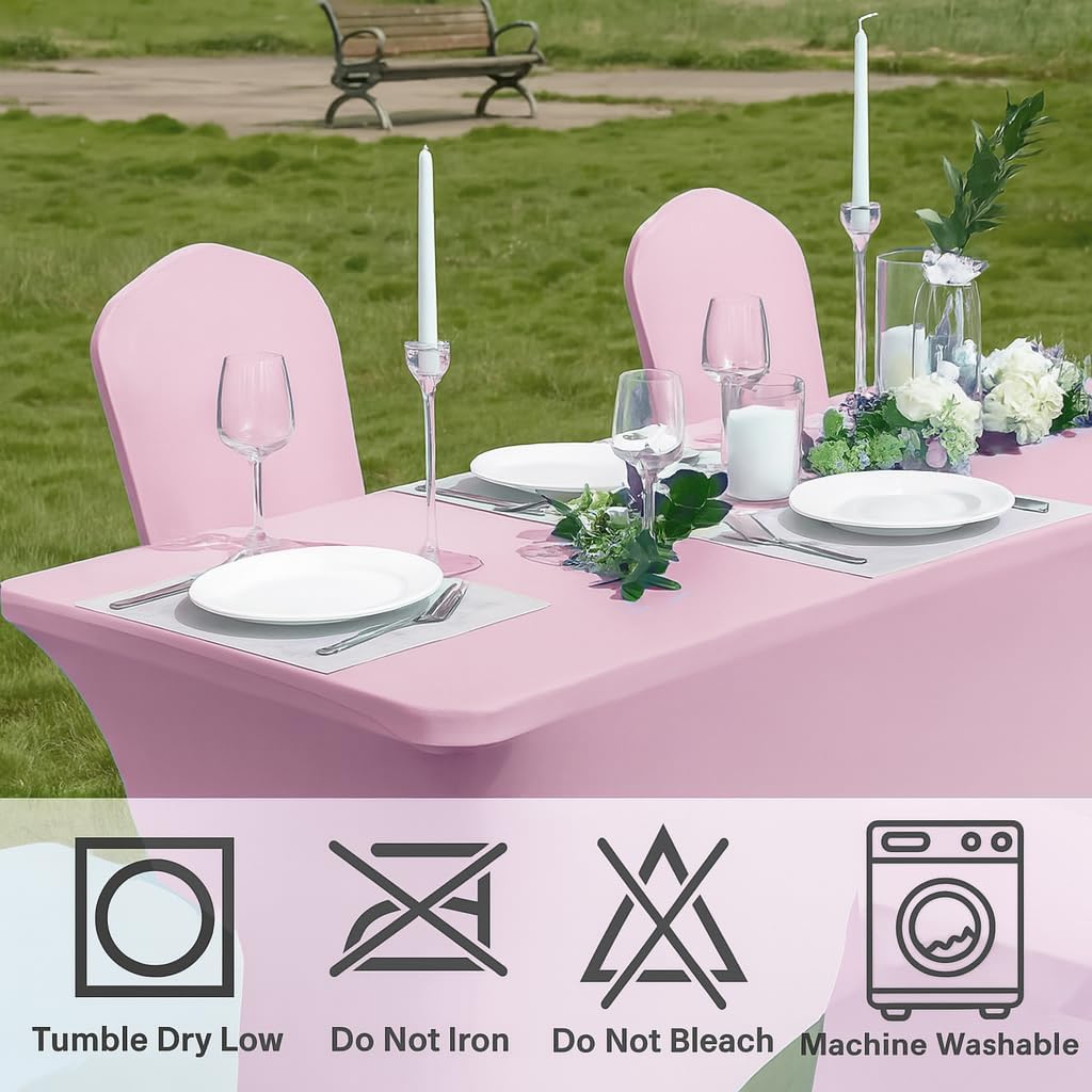 Craft And Party 2 Pack 8ft Light Pink Spandex Tablecloth – Fitted Stretch Cover – Universal Fit for Folding Tables – Wrinkle-Free, Washable – Ideal for Parties, Weddings, Events
