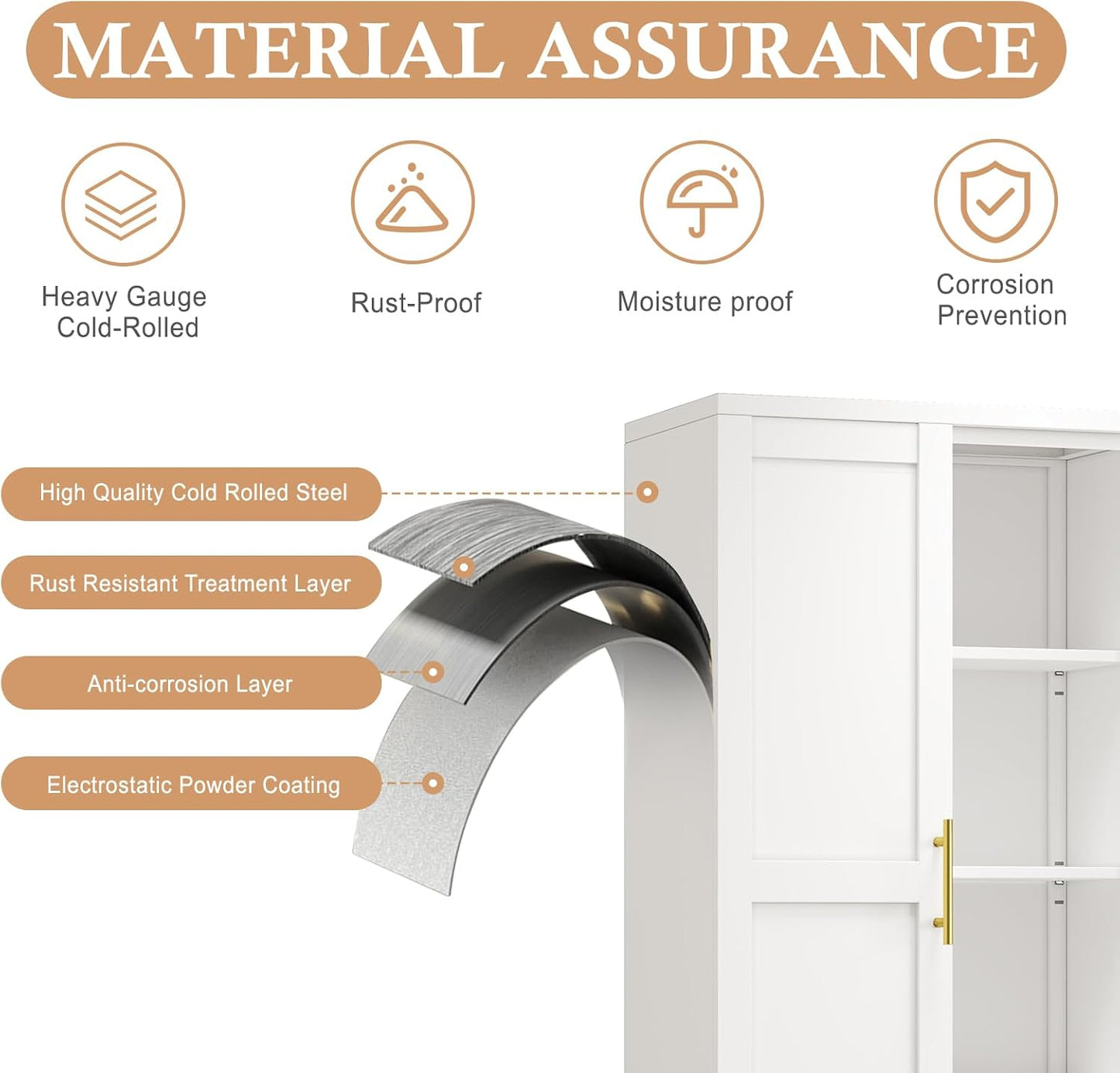 51" H Metal Kitchen Pantry Storage Cabinet, Freestanding Cupboard Storage Cabinet with Doors and Adjustable Shelves, Large Stand Up Food Cupboard for Living Room, Dinning Room, White