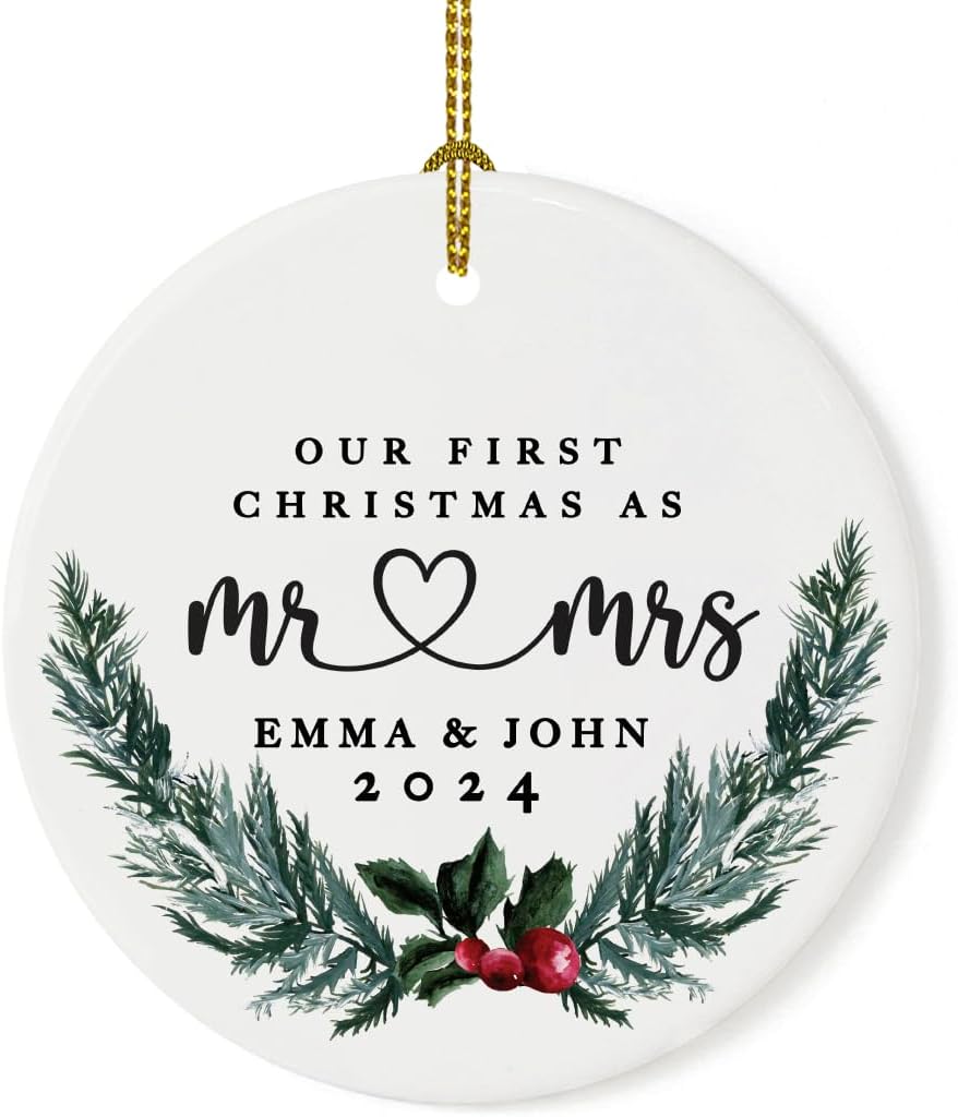 Andaz Press Personalized Our First Christmas As Mr. & Mrs. Christmas Ornaments Holly & Pine Wreath 2.8" Round Porcelain Ceramic Custom 1St Year Married Christmas Ornament 2024 for Newlyweds 1-Pack